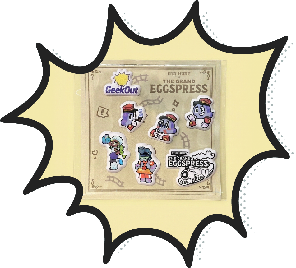 GeekOut sticker sheet featuring The Grand Eggspress characters